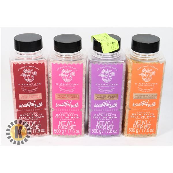 LOT OF 4 NEW ASSORTED SCENT BATH SALTS 500G EACH