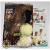 FLAT BOX OF KNITTING SUPPLIES- 8 YARNS AND 2 BOOK