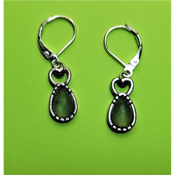 6)  PALE GREEN CAT'S EYE DROP EARRINGS SET IN