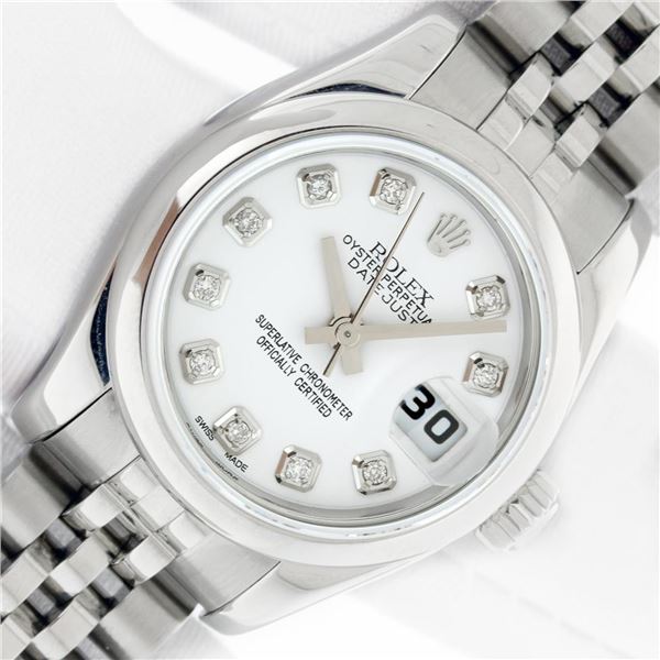 Rolex Ladies Stainless Steel White Diamond Quickset Datejust Wristwatch With Rol