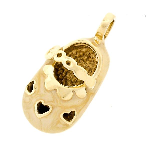 Vintage Petite 14k Yellow Gold Beige Enamel Lucky Baby Shoe Heart Charm Pendant