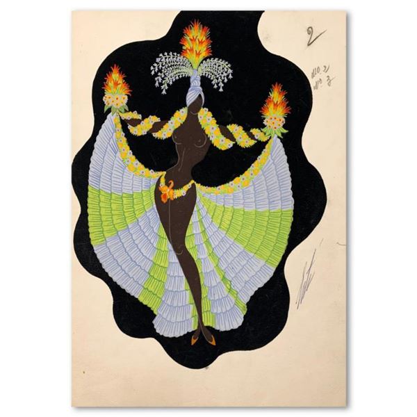 Erte (1892-1990), "Exotique, mannequin fleurs" Original Gauche Painting, Hand Signed with Letter of 