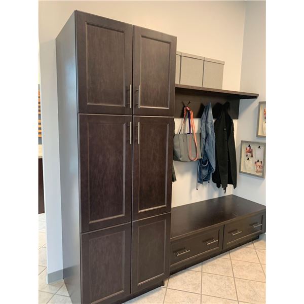 Showroom Display - Entry Way Cabinet and bench System includes 1 30" x 84" 6 door pantry with 1- 60"