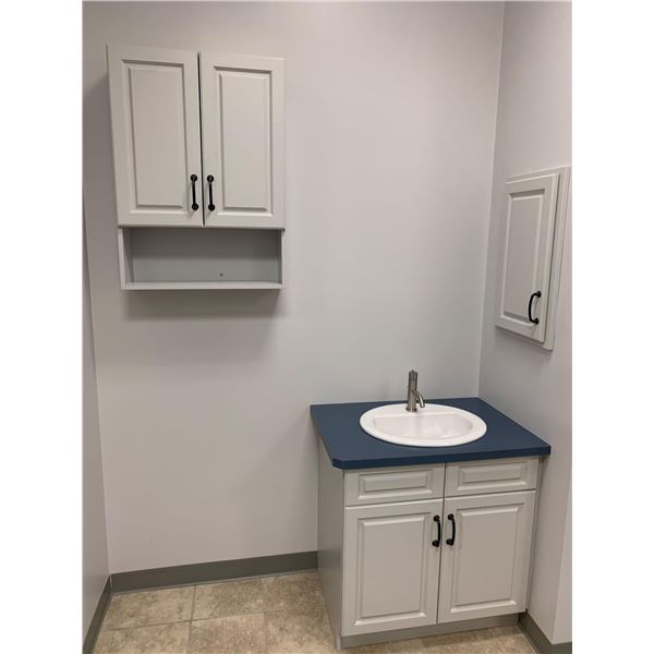 Showroom Display - 3 pce Bathroom includes: 30" Vanity cabinet with sink and tap set, recessed medic