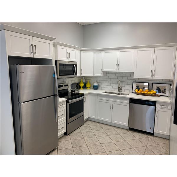 Showroom Display - White L Shape 12 Pce Kitchen cabinet Set measures 9ft x 10 ft includes Solid Surf