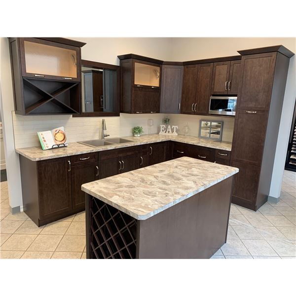 Showroom Display - Dark Maple 14 pce L shape Kitchen cabinet set measures 124" x 90"  with island - 