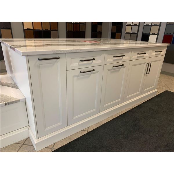 Showroom Display - White Cabinet Island with all internal accessories including racks, garbage/recyc