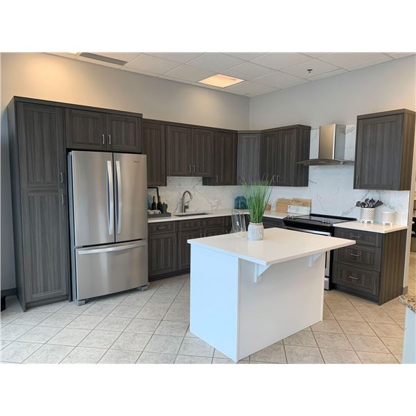 Showroom Display Grey 12ft x 10 ft L Shape 15 pce Kitchen Cabinet Set with Island. includes Solid Su