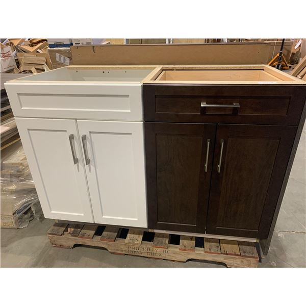 Display Model 24" Kitchen Base Cabinets lot of 2 brown and white sold as one lot