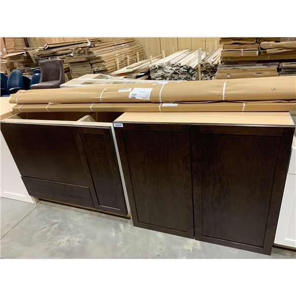 NEW 3 Pc Brown Maple cabinet set with assorted trim pieces includes: 1 x 36" upper, 1 x 30" base, 1 