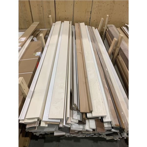 LOT OF 25 PIECES - Assorted NEW stained mouldings includes crown, edge, flat stock, baseboard, etc 8