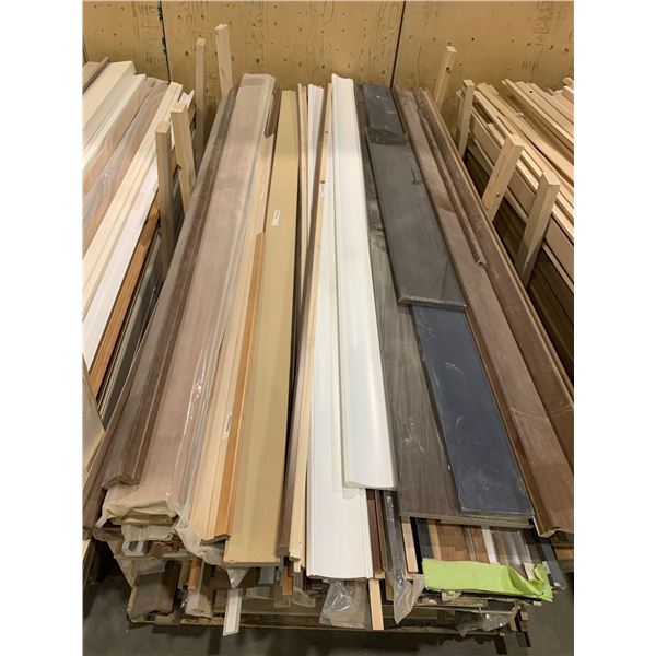 LOT OF 25 PIECES - Assorted NEW stained mouldings includes crown, edge, flat stock, baseboard, etc 8