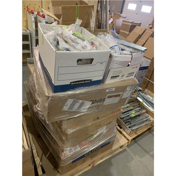 PALLET LOT - Case lots of assorted handles and hardware, drawer guides and drawers