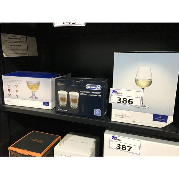 VILLEROY & BOCH WINE GOBLETS AND DESSERT BOWLS WITH DELONHI LATTE GLASSES