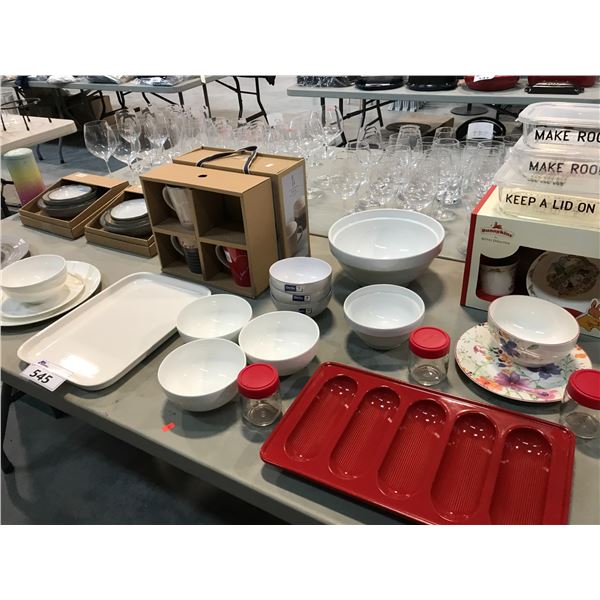 LOT OF MISC BAKEWARE, DISHWARE AND MORE