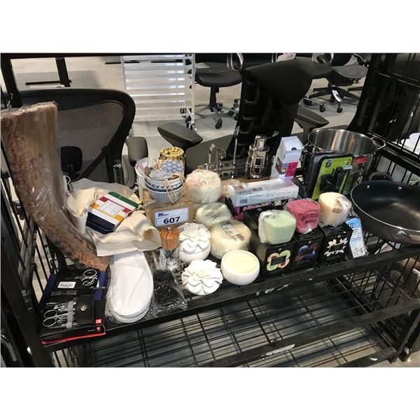 LOT OF MISC. HOUSEHOLD INCLUDING LAGOSTINA COOKWARE, CANDLES, IRONING BOARD AND MORE