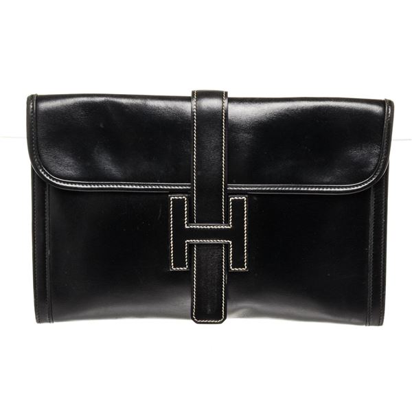 Hermes Black Leather Jige Clutch Bag