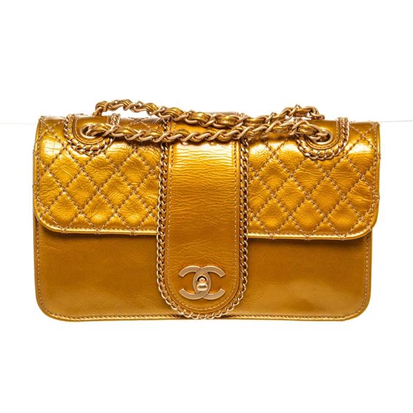 Chanel Gold Patent Leather Madison Medium Flap Shoulder Bag