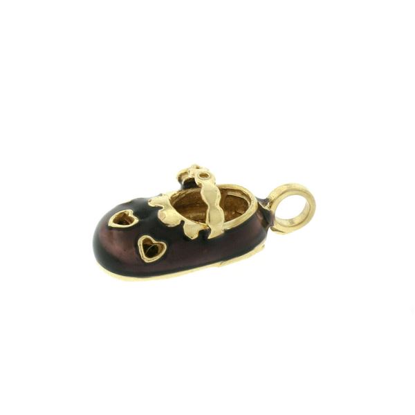 Vintage Petite 14k Yellow Gold Dark Purple Enamel Lucky Baby Shoe Charm Pendant