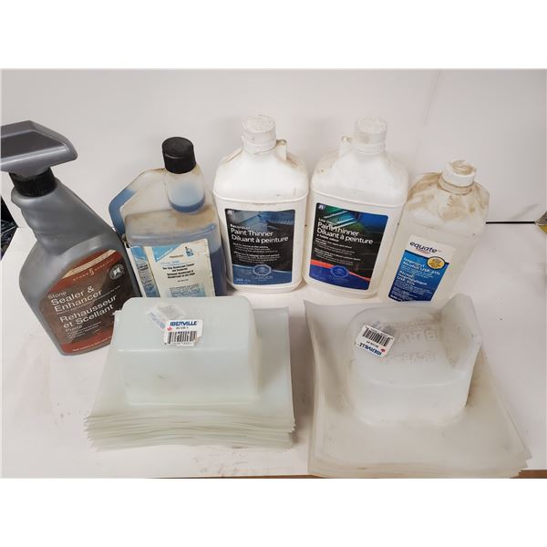 BOX OF PAINT THINNER, DISINFECTANTS&VAPOUR BARRIER