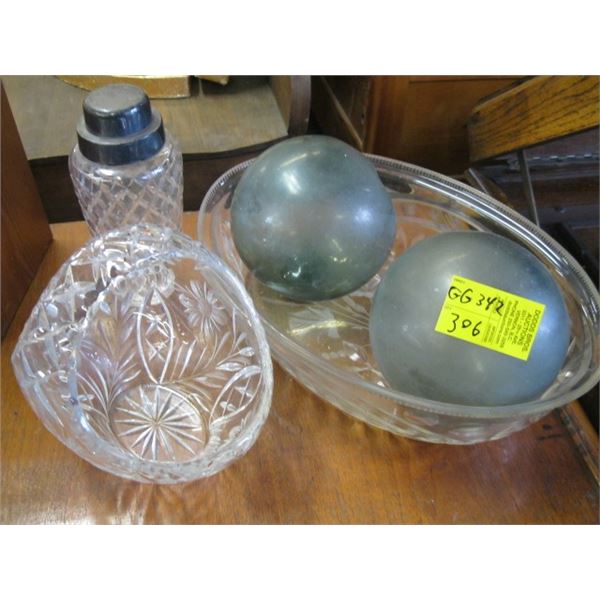 CRYSTAL BOWL HANDLE DISH, FISH NET FLOATS, ETC.