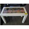 Image 1 : METAL LEGGED GLASS TOPPED COMIC INLAY TABLE