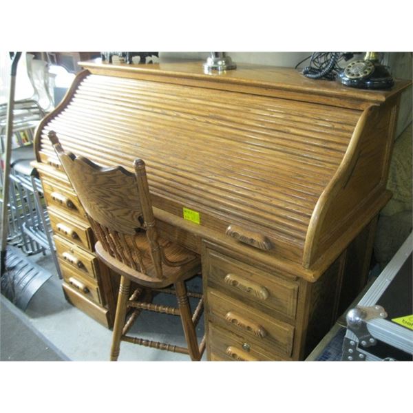 OAK DOUBLE PEDESTAL ROLLTOP DESK WITH MATCHING CHAIR