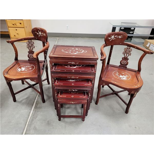 (2) Corner chairs and (4) nesting tables w/ mother of pearl inlay