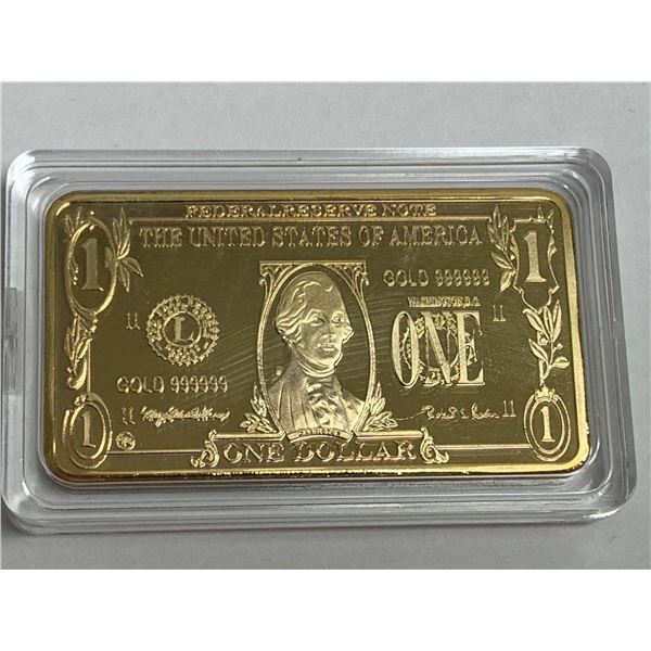 USA one Dollar 24K 99.99 Pure Gold Plated Wafer certificate bar, NEW cased