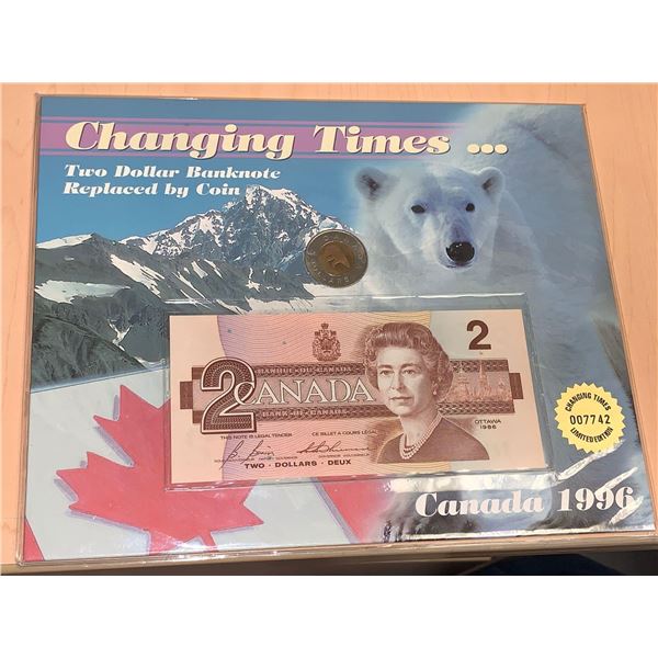 Canada Mint Issued - 1996 Changing Timed Limited Edition issue #007742 Canada two dollar bill and Lo