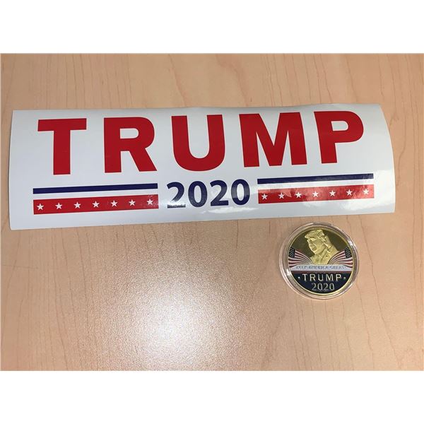 TRUMP FAN PACK with 2020 bumper sticker and commemorative Cased Coin -MAGA