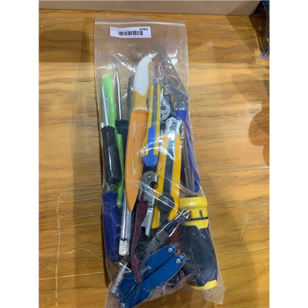 Large Bag full of exacto knives, screwdriver, tools, multi tools, etc