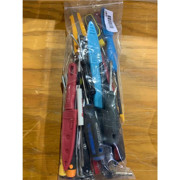 Large Bag full of exacto knives, screwdriver, tools, multi tools, etc