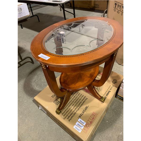 NEW Acasia Oval Cherry occasional table with etched glass top and inlay brass legs