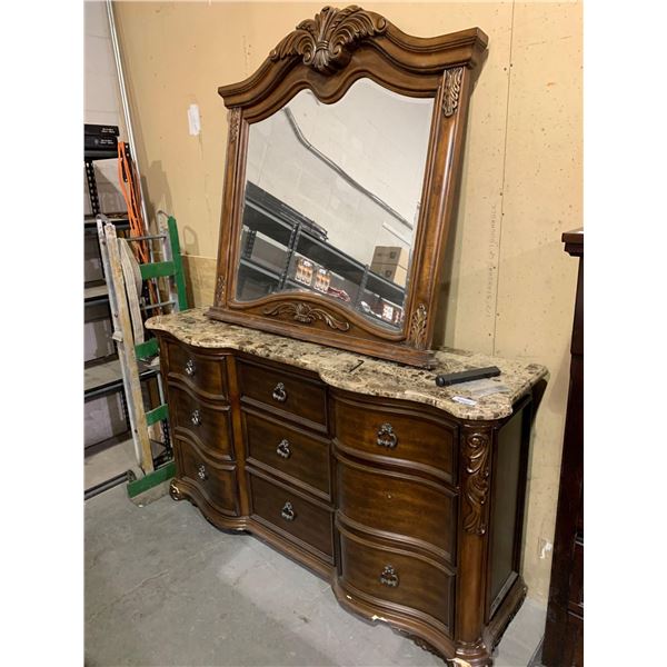 Marble Style Top 9 Drawer Dresser with mtching mirror ( freight damage on bottom corner as pictured)