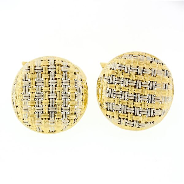 Vintage Men's Solid 18k Yellow & White Gold Round Basket Weave Cufflinks Links