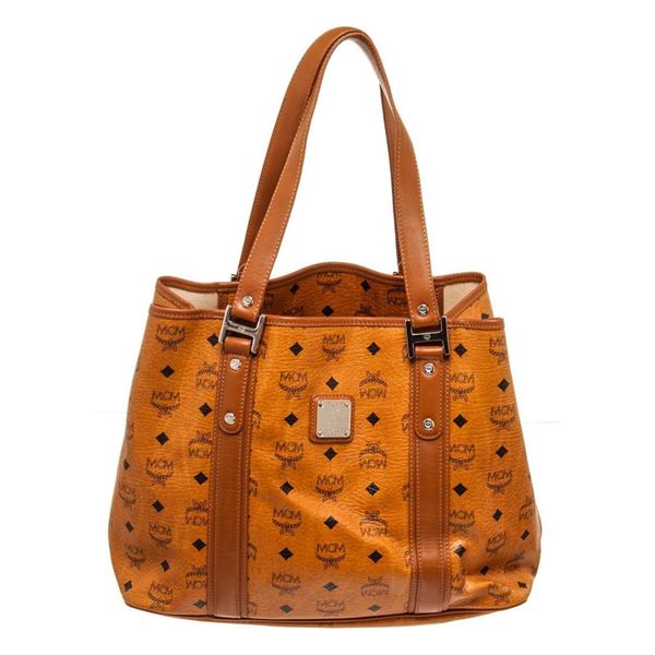 MCM Brown Canvas Leather Shopper Tote Bag