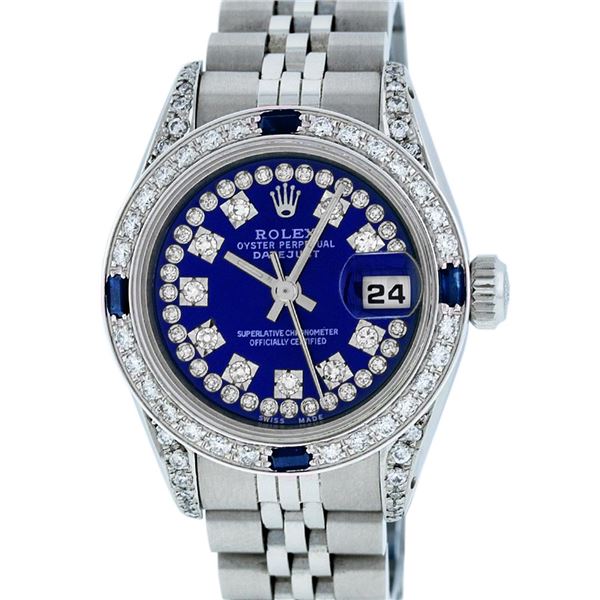 Rolex Ladies Stainless Steel Diamond Lugs Royal Blue String VVS Diamond Datejust