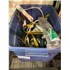 Image 2 : SHELF LOT OF ASSORTED ITEMS INCLUDING; BIN OF EXTENSION CORDS & POWER BARS, DEWALT DW056 IMPACT