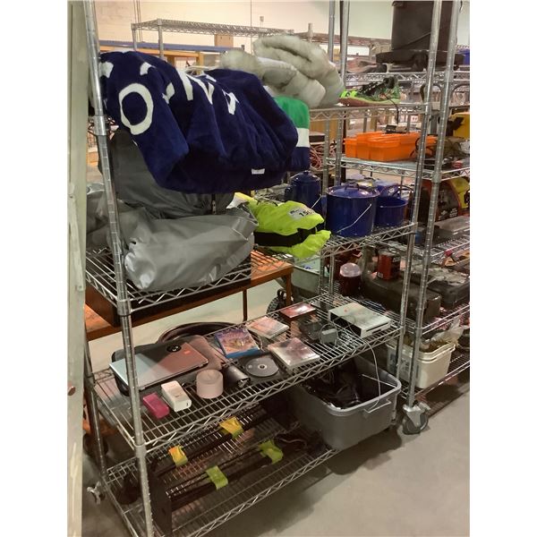 4 SHELVES OF ITEMS INCLUDING : CANUCKS BLANKET, CAMPING COOKWARE, ACER LAPTOP, WII, SAMSUNG