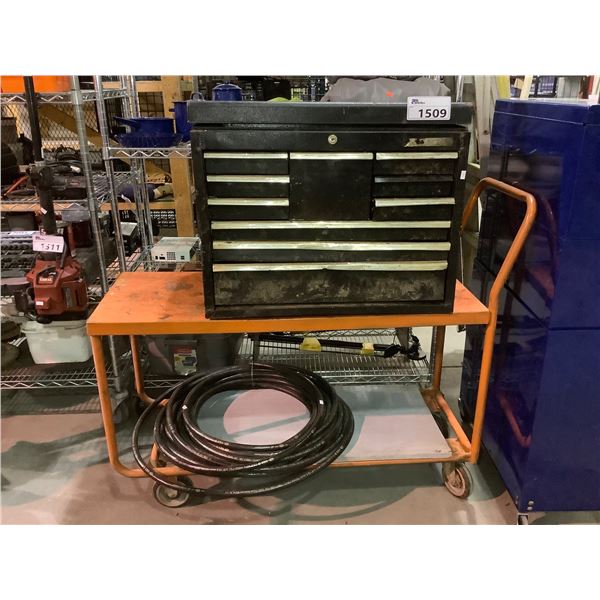 ORANGE ROLLING CART WITH FLAME RESISTANCE HOSE AND TOOL ORGANIZER WITH CONTENTS