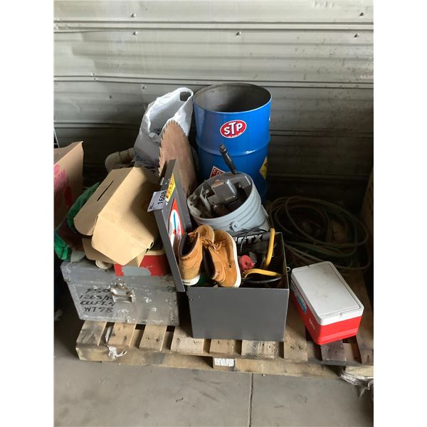 PALLET OF ASSORTED TOOLS, ROPE, HOSE, AND MORE