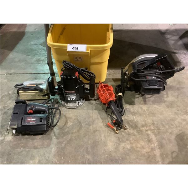 CRAFTSMAN ROUTER, SCROLLER SAW, CIRCULAR SAW, A WORK LIGHT, TAPE MEASURE, & MORE