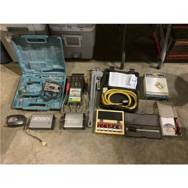 CRAFTSMAN ROUTER BITS, DIGITAL MEASURER, MONKEY WRENCH, 2 BATTERY TESTERS, WISDOM 4" DRILL PRESS