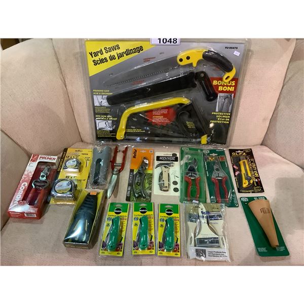 ASSORTED GARDEN/YARD TOOLS INCLUDING: KNIVES, MEASURING TAPE, PRUNERS, SAWS, & MORE