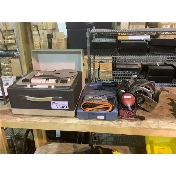 DUAL REEL TO REEL, BLACK & DECKER JIG SAW, PALM SANDER, GRINDER, AND MORE