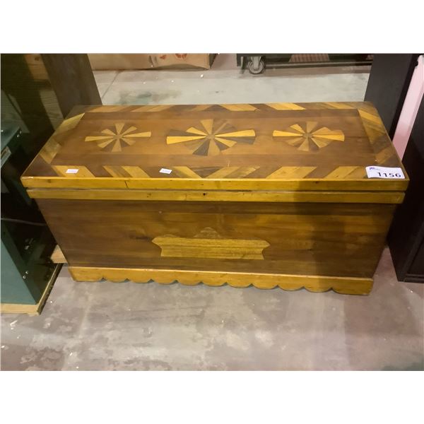 ANTIQUE INLAYED HOPE CHEST WITH ASSORTED BLANKETS AND OTHER CONTENTS