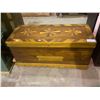 Image 1 : ANTIQUE INLAYED HOPE CHEST WITH ASSORTED BLANKETS AND OTHER CONTENTS