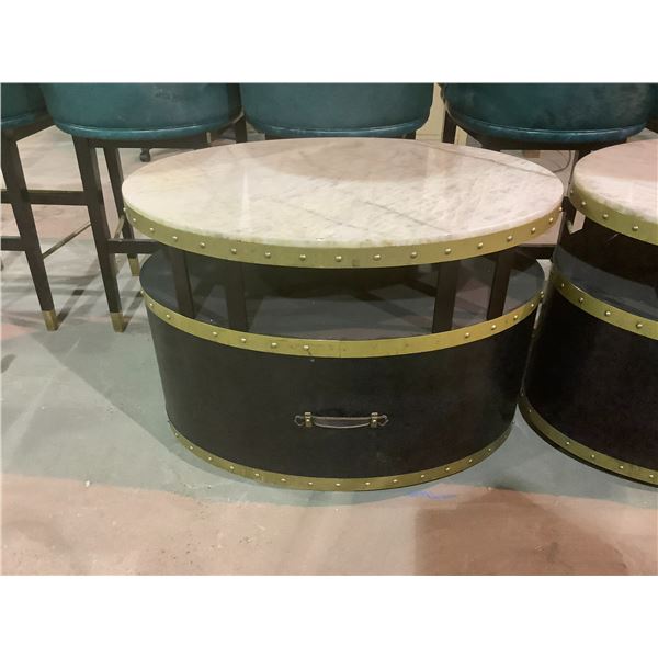 MARBLE TOP, WOOD & BRASS COFFEE TABLE 36"X24"