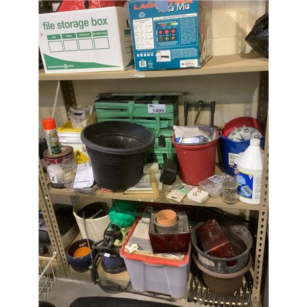 2 SHELVES OF ASSORTED GARDEN/LAWN RELATED ITEMS & MORE